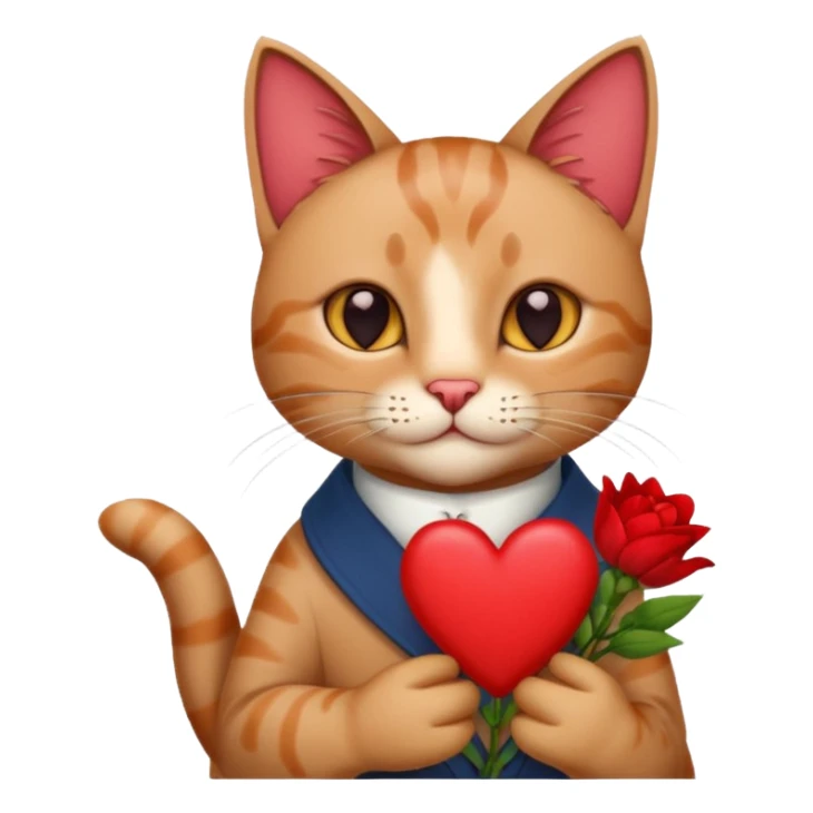 Male cat holding red flowers and heart sticker