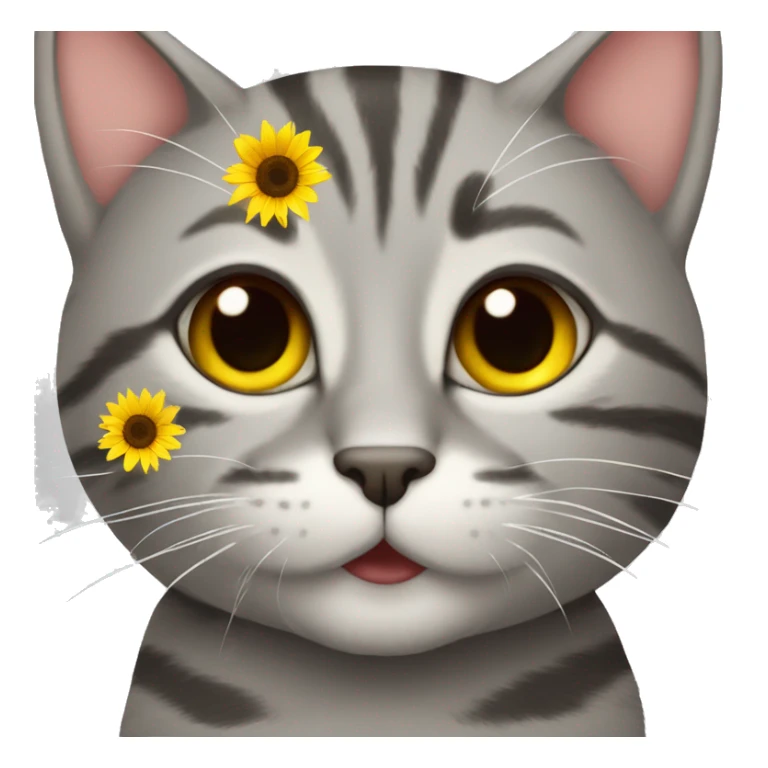 gray tabby cat face with sunflower petals around head sticker