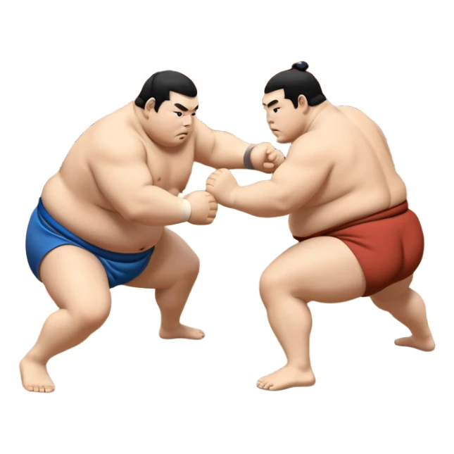 Two sumo wrestlers in a classic dohyo ring, each displaying powerful stances and ready to engage in a fierce match. One wrestler attempts a pushing attack, while the other counters with a thrust. The background shows the traditional sumo arena and spectators. Transparent background. sticker