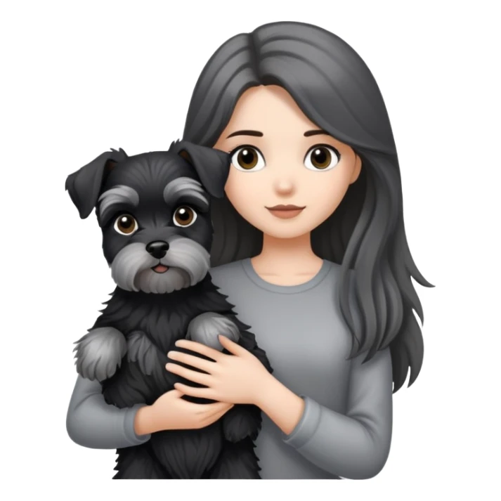 A long-haired girl holding a black and silver schnauzer sticker