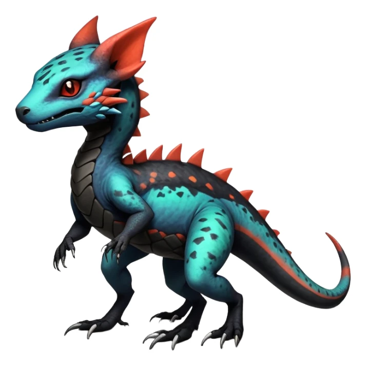 Rare realistic exotic edgy warm-colored dark gothic cool badass epic pretty beautiful handsome gorgeous aesthetic colorful vibrant Vernid-Trico-species-Fakemon-Salandit-hybrid-creature by LiLaiRa, 4 legs, 1 tail, random markings, (full body) sticker
