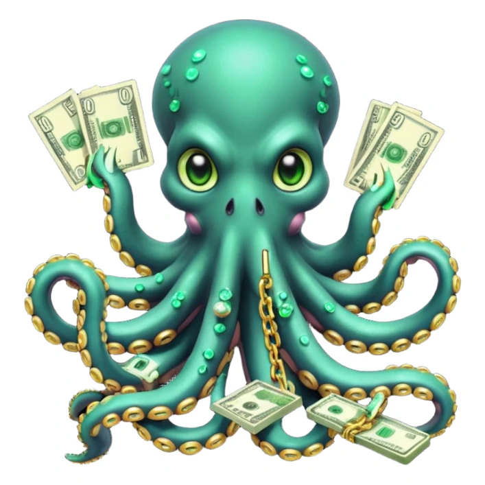 Intimidating octopus with pearl black skin, neon suction cups. Evil glaring eyes. Wearing a thick gold chain. 3 tentacles are holding their own cellphone, 2 other tentacles are holding stacks of money sticker