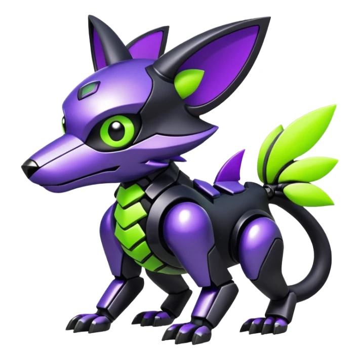Futuristic modern mechanical badass cool shiny metallic alloy black-obsidian purple neon-green white lime animal hybrid Fakemon full body sticker