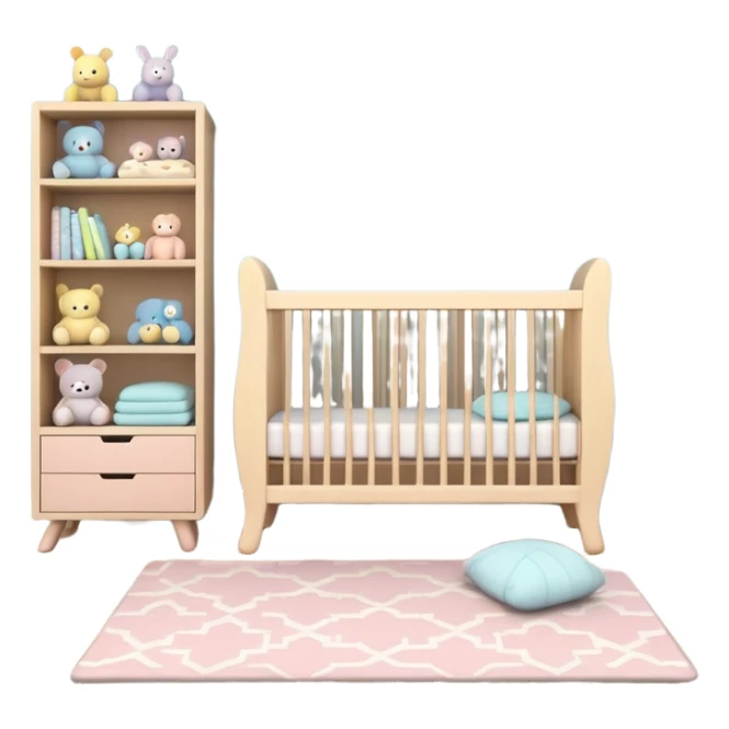 baby room, Crib beside toy shelf and rug sticker