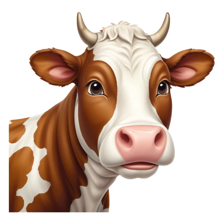 Meme-Worthy Cute Sleeping Brown and White Cow Portrait Emoji, Head resting peacefully with a contented smile, showcasing a robust build and a luxuriously soft patterned hide of brown and white, eyes shut in a serene, restful nap, Simplified yet hilariously adorable features, highly detailed, glowing with a soft, drowsy light, high shine, relaxed and utterly lovable, stylized with an air of playful laziness, bright and heartwarming, soft glowing outline, capturing the essence of a comically sleepy cow, so meme-worthy it feels like it could instantly become the next viral sensation of adorable slumber! sticker