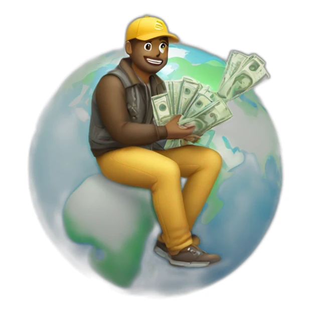 man sitting on globe with money bag sticker
