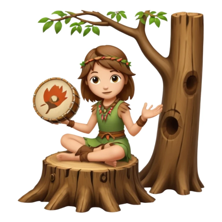 forest spirit girl with short brown mullet playing hand drum, sitting on tree stump sticker