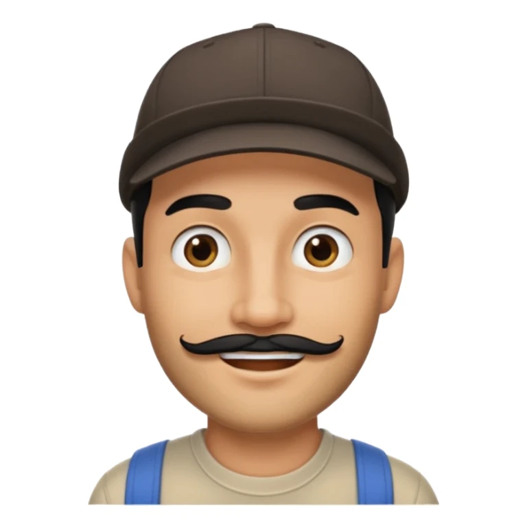 smiling streamer man with short black beard, short black mustache, black eyebrows, and a cap sticker