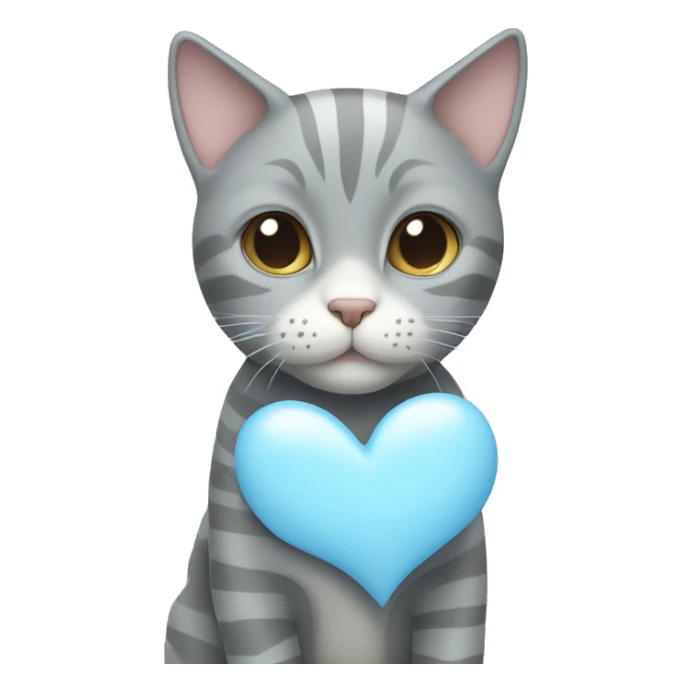 Gray cat with white stripes next to a pastel blue heart sticker