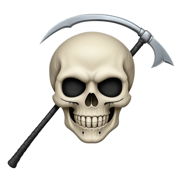 A laughing skull with a scythe crossed behind it, one eye socket winking. Clean, stylized lines, flat vector. Medieval woodcut style. Black and white with one accent color (tarnished silver). No background. sticker
