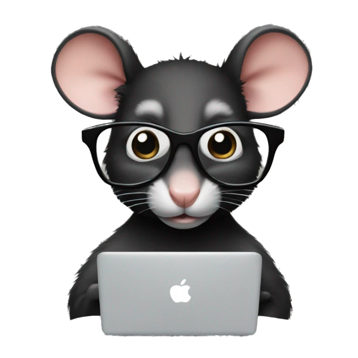 A black rat with glasses and a macbook sticker