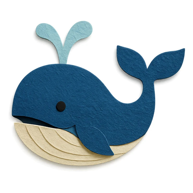 paper craft icon of Moby Dick whale, layered paper effect sticker