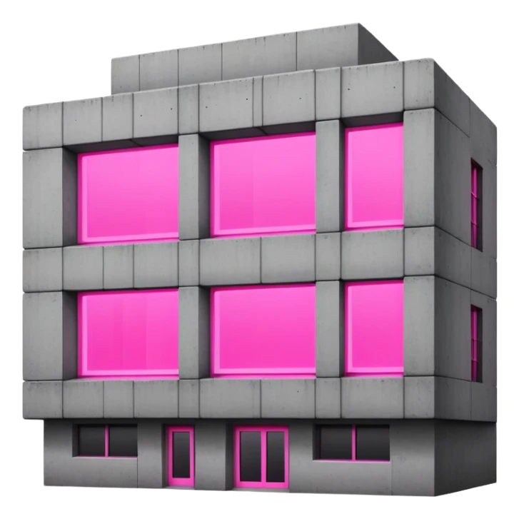 Concrete block building in brutalist style with one pink neon window and several standard windows sticker