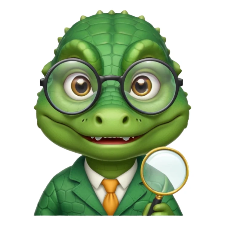 A green academic gator with a magnifying glass on a light background sticker