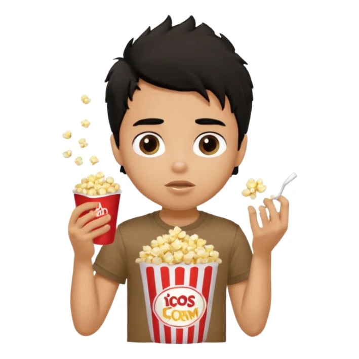 generate a pretty tan bratz boy with a brown tshirt on. eating a popcorn. messy black hair sticker