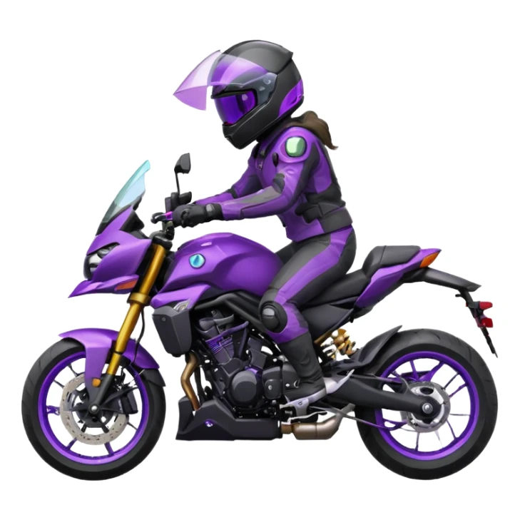 Créer un emoji copiable sur mon système iOS avec une moto mt07 noir mate / violet plus foncé que tu as et iridescent. le style de la mt07 doit être en sport. Avec pilote dessus visière violet bulle de la moto violet aussi. Avec fond arrière  violet  sticker