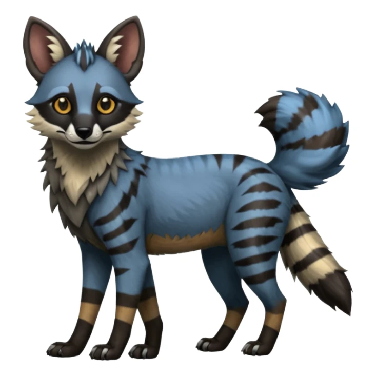 Realistic edgy bluish greyish blackish whitish silvery coppery Shiny Colorful Dusky Dark Gloomy Glossy Aardwolf-Maned-Wolf-Genet-Lion-Bobcat-fusion-animal-hybrid-creature, full body, tufted ears, long thin tufted tail sticker
