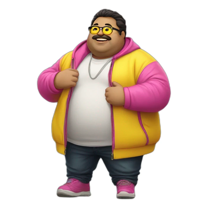 fat man with dark hair,a vibrant long yellow jacket, pink glasses. Show full lenght peson sticker