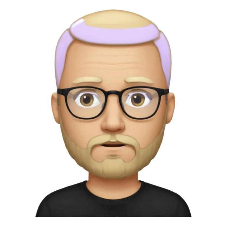 bearded blonde bald man with eyeglasses with black shirt sticker