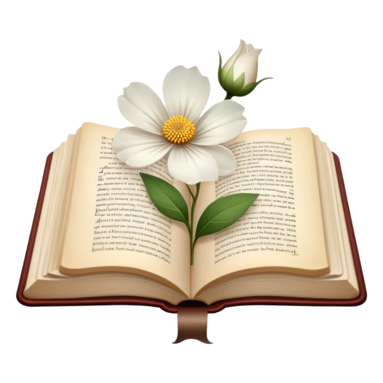 Icon for Poetry Reading: an open book with flowing, elegant verses on the pages, surrounded by a delicate flower. The icon should evoke the beauty and emotion of poetry. Transparent background. sticker
