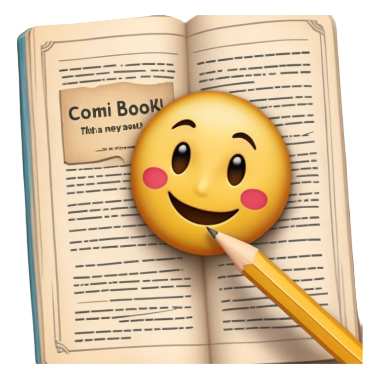 Create a detailed emoji representing the process of writing texts for comic books. The design should feature a large, open comic book with vintage comic strips visible on its pages. A pencil should be shown writing text on one of the comic panels, but without a hand. The pencil should appear as though it is actively creating the dialogue or narration. Use a classic color palette with muted tones for the comic book and brighter accents on the pencil to draw attention to the writing process. Do not include any emojis or smiley faces. Make the background transparent. sticker