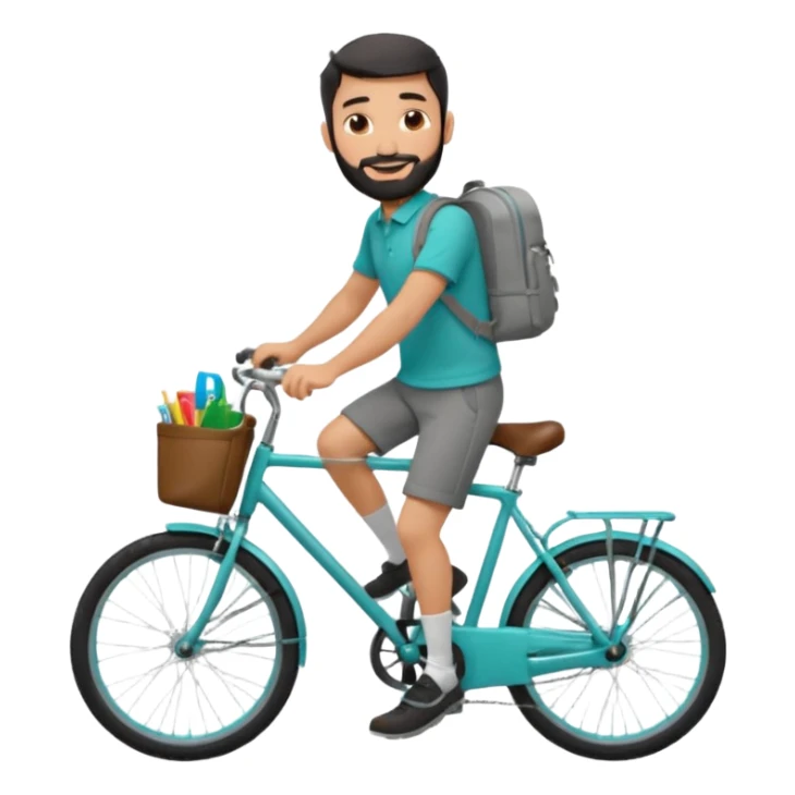 a man with a grey backpack and a torquoise byciycl and he has black shot=rt man hair and a beard with a polo grey shirt and dress pants and hes riding it with pants remeber sticker