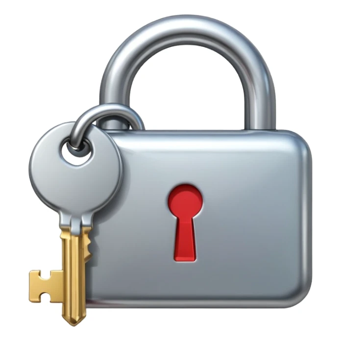 A chrome silver lock and key emoji, smooth metallic surfaces, glossy reflections, luxury swag vibe, minimal iOS emoji style, centered on clean white background sticker