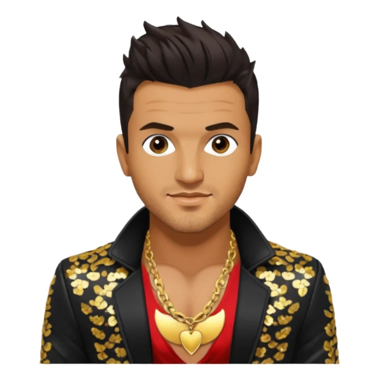 Peter Andre with dark brown hair, black sequin jacket, shirtless with necklace sticker