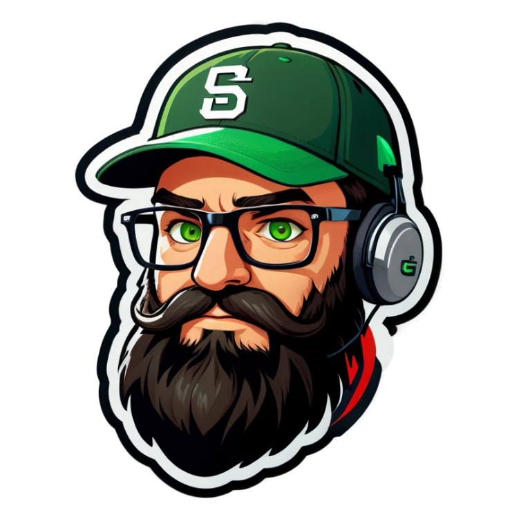A man with a grey baseball cap, green eyes, big dark brown beard and glasses, gamers headset sticker