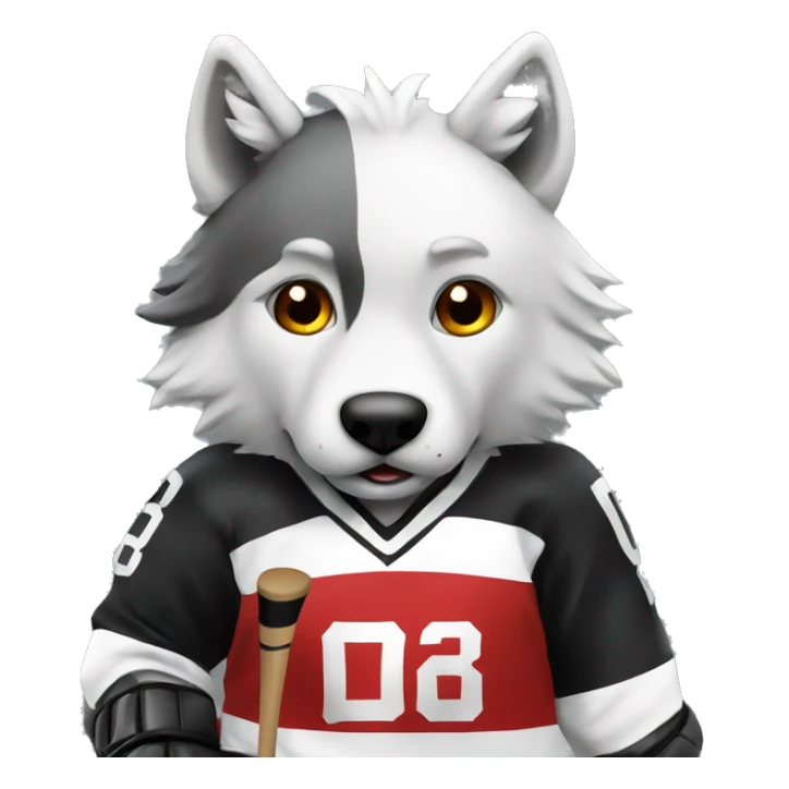 The wolf plays hockey in a black white and red uniform sticker