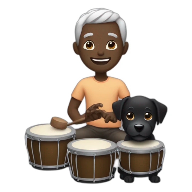 Dark skin guy with slightly receiding grey hair. Smiling playing bongos. With a black dog with brown spots, next to him  sticker