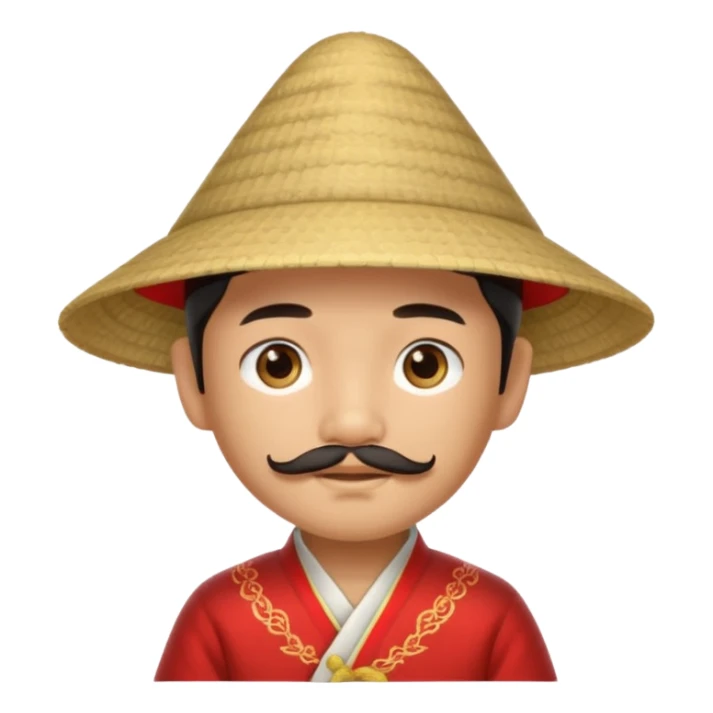 An Asian boy, with little mustache and little beard and a traditional triangle Chinese hat sticker