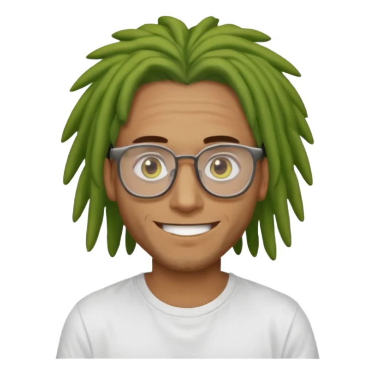man with brown dreads white tee golden eyes light green skin glasses and white smile sticker