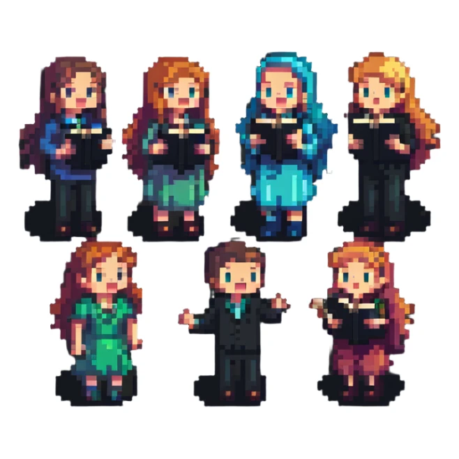acappella group of four people singing, pixel art style sticker