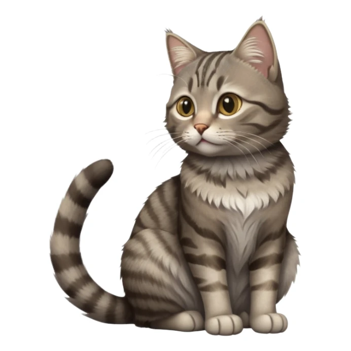 cinematic-[grey brown tabby cat]-realistic-full-body-sitting-emoji,-tail-curled-playfully-around-its-paws,-head-tilted-dramatically,-scruffy-[grey]-fur,-simplified-yet-realistic-focused-features,-highly-detailed,-glowing-with-an-almost-sarcastic-glow sticker