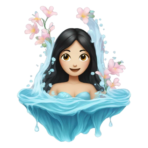 Lady with black hair filled with flowers surrounded by flowing water sticker