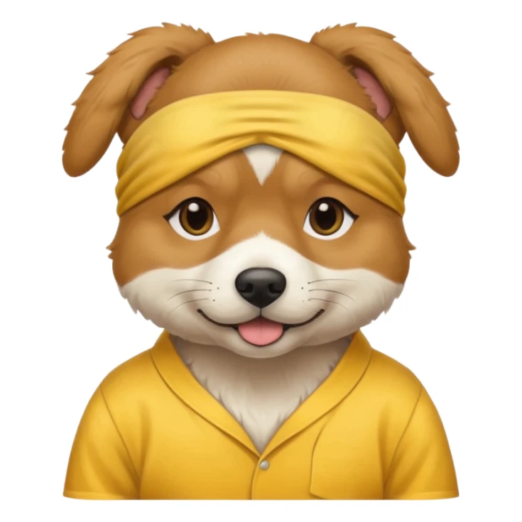 a dog with yellow sleep mask and wearing shirt sticker