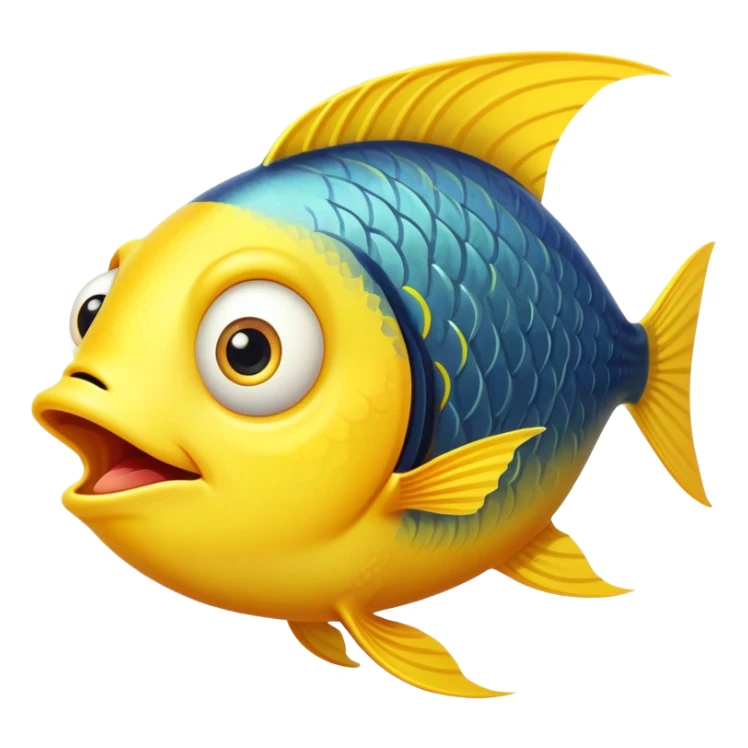 ultra derpy bright yellow fish in perfect side profile facing right, comically wide shocked eye, huge open mouth looking completely clueless, flat 2D side view only sticker