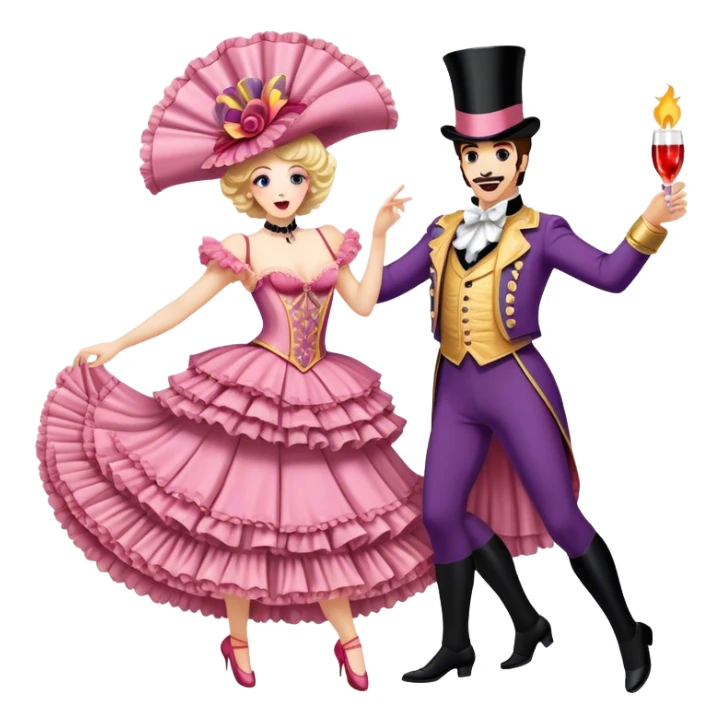 Cinematic Realistic scene of two performers executing a high‑energy Can‑Can, adorned in elaborate French cabaret costumes with frilly layers and dynamic movement, illuminated by vibrant stage lighting sticker