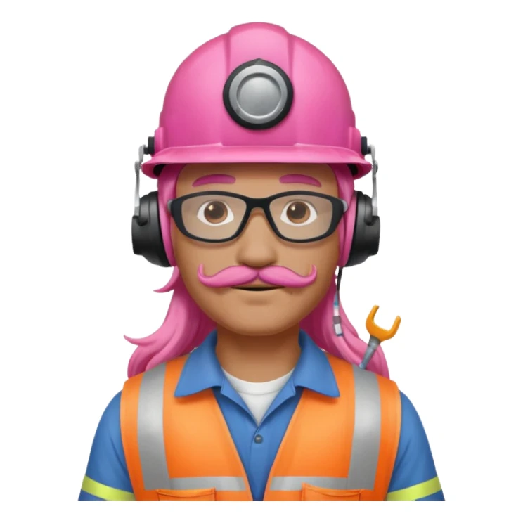 construction worker with long pink hair and ppe headphones and mustache sticker