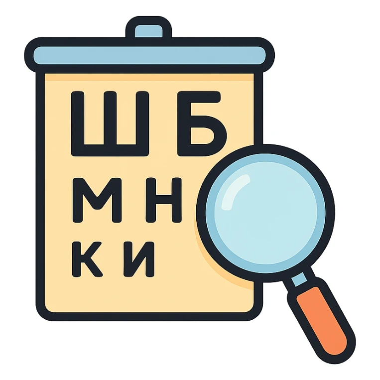Sivtsev eye chart vector icon with a magnifying glass in front, shadows and highlights, pastel palette sticker