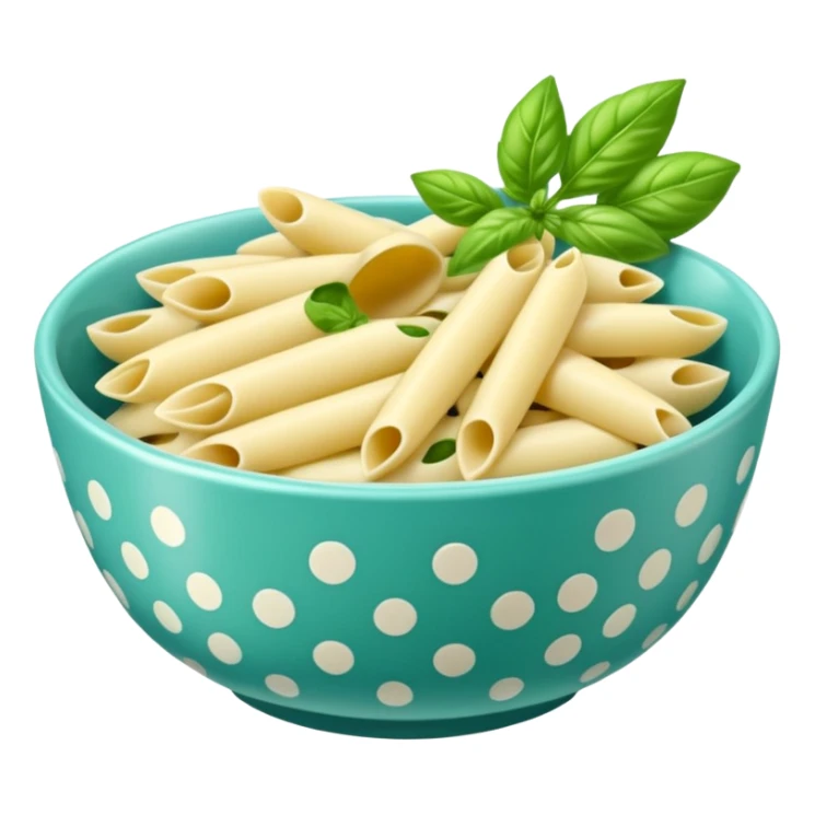 green pesto penne pasta in a light blue polka dot bowl sticker