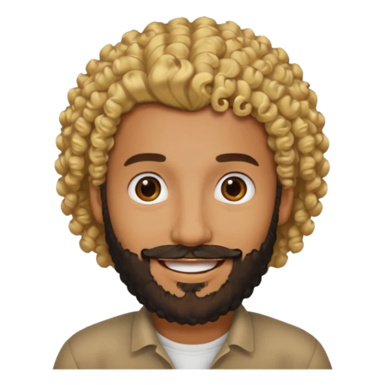 Brown man with curly blonde hair and a black beard sticker