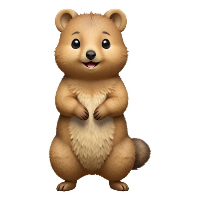 cinematic-quokka-realistic-full-body-standing-emoji,-small-round-frame-balanced-on-tiny-strong-hind-legs,-fluffy-brown-fur-radiating-a-warm-softness,-big-round-eyes-filled-with-joy-and-innocence,-tiny-clawed-paws-held-close-to-chest,-cheerful-smile-exuding-endearing-happiness,-simplified-yet-realistic-focused-features,-highly-detailed,-glowing-with-a-sunny-warmth sticker