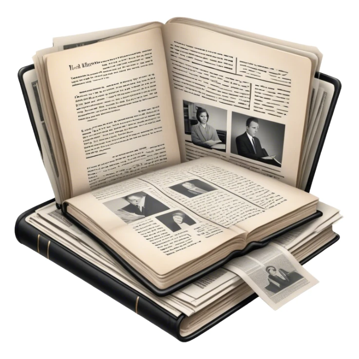 Icon for Non-Fiction & Narrative Reading: an open book with black-and-white photos on the pages, surrounded by a pile of newspaper clippings, and an open folder with top-secret documents. The icon should reflect the blend of real stories and facts in non-fiction literature. Transparent background. sticker