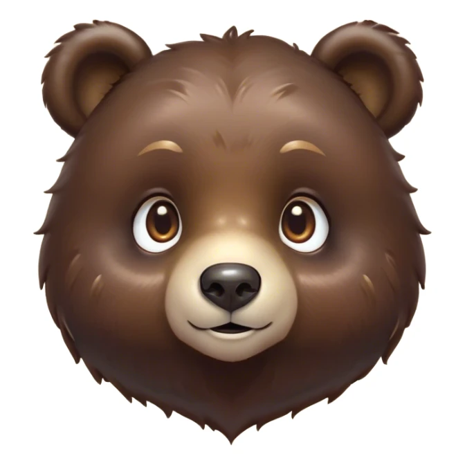 Cinematic Cute Bear Portrait Emoji, Head tilted playfully and inquisitively, featuring a glossy dark brown fur with a natural sheen and round, sparkling eyes filled with gentle curiosity, Simplified yet irresistibly adorable features, highly detailed, glowing with a warm, friendly glow, high shine, affectionate and mighty, stylized with a touch of woodland whimsy, bright and endearing, soft glowing outline, capturing the essence of a mischievous yet loving bear, so playful it feels like it could amble out of the screen and into your arms! sticker