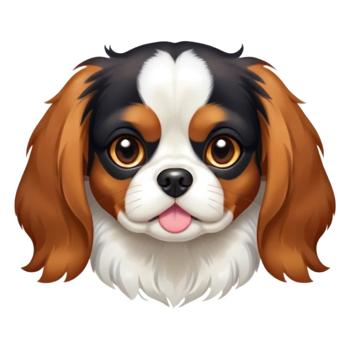 Cinematic Cute Tri-Colour Cavalier King Charles Spaniel Portrait Emoji, Head tilted playfully and inquisitively, silky tri-colour fur with vibrant black, crisp white, and warm tan patches, round, sparkling brown eyes filled with curiosity, Simplified yet irresistibly adorable features, highly detailed, glowing with a warm, friendly glow, high shine, affectionate and lively, stylized with a touch of whimsy, bright and endearing, soft glowing outline, capturing the essence of a mischievous yet loving pup, so playful it feels like it could pounce out of the screen and into your arms! sticker