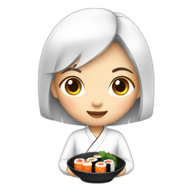 An Asian girl wearing a white top eating sushi sticker