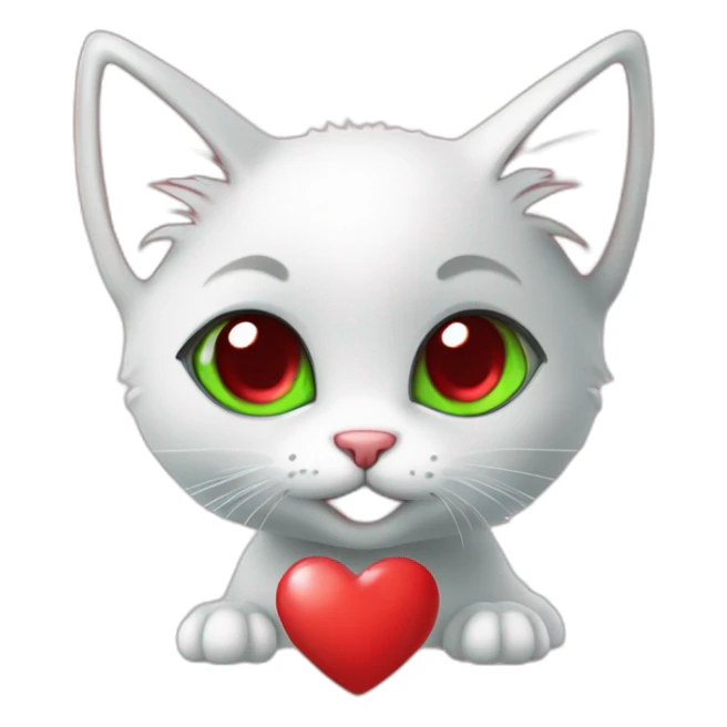 Super cute kitten with green anime eyes holding red hearts sticker