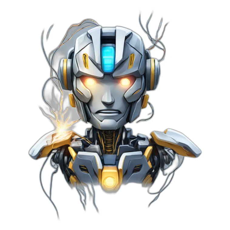 friendly transformers robot style AI with brain exposed circuit wires lightning explosion overwhelmed anime style sticker